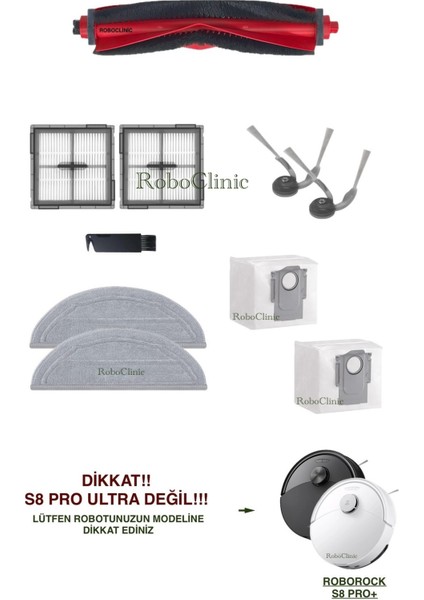 Roborock S8 Pro / S8 Pro+ Robot Süpürge (Ultra Değil!) Uyumlu Yedek Fırça, Hepa Filtre, Mop-10 Parça