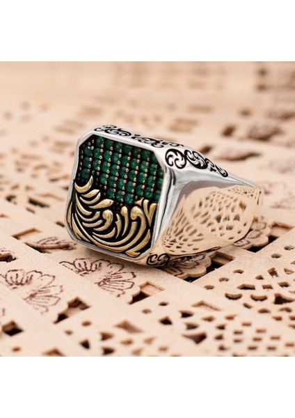 Kalem Işçilikli Yeşil Zirkon Taşlı 925 Ayar Gümüş Erkek Yüzük fiyatları