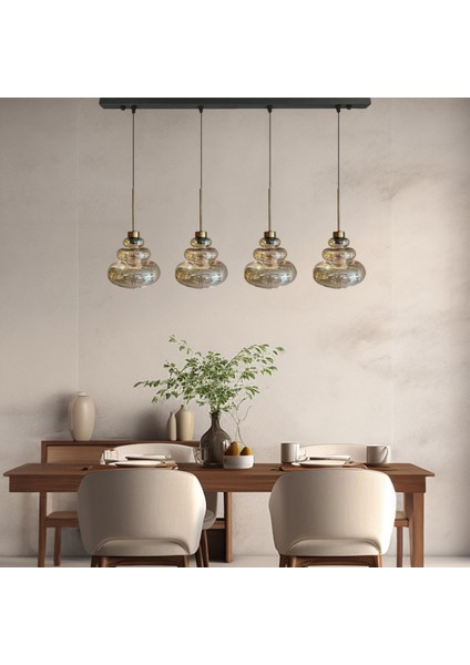 Lily Dörtlü Cam Bal Rengi Metal Çubuk Avize Ince Eskitme Başlık Retro Sarkıt Lamba Salon Aydınlatma