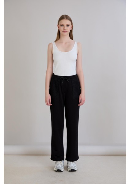 Kadın Beli Lastikli Regular Kalıp Triko Garnilli Üç Iplik Siyah Eşofman Altı