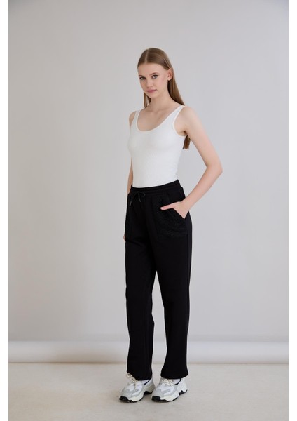 Kadın Beli Lastikli Regular Kalıp Triko Garnilli Üç Iplik Siyah Eşofman Altı modelleri