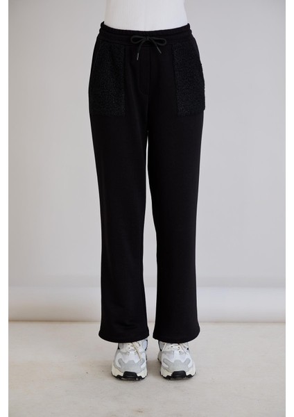 Kadın Beli Lastikli Regular Kalıp Triko Garnilli Üç Iplik Siyah Eşofman Altı