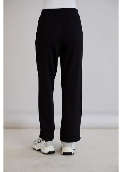 Kadın Beli Lastikli Regular Kalıp Triko Garnilli Üç Iplik Siyah Eşofman Altı