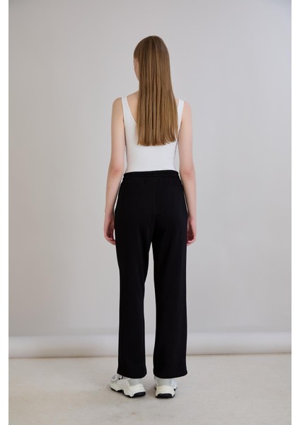 Kadın Beli Lastikli Regular Kalıp Triko Garnilli Üç Iplik Siyah Eşofman Altı