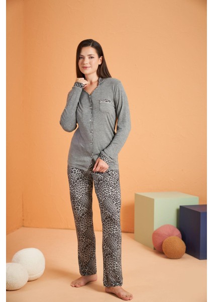 Kadın Gri Düğmeli Pijama Takımı 28046