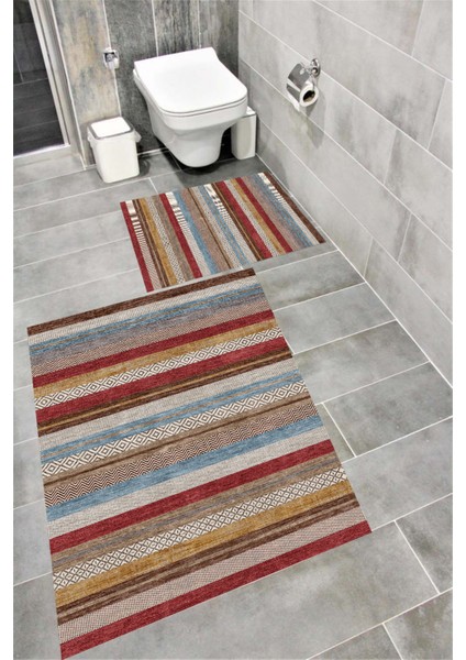 Kaymaz Tabanlı Suya Dayanıklı Dijital Baskılı Banyo Paspası Takımı | Bordo Halı 1595