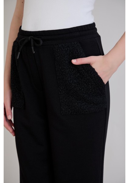 Kadın Beli Lastikli Regular Kalıp Triko Garnilli Üç Iplik Siyah Eşofman Altı