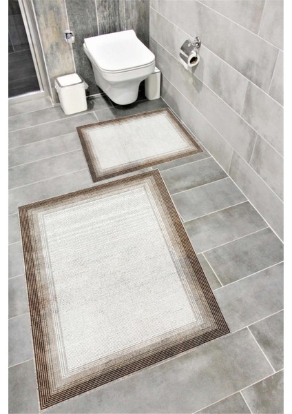 Kaymaz Tabanlı Suya Dayanıklı Dijital Baskılı Banyo Paspası Takımı | Bordo Halı 1506