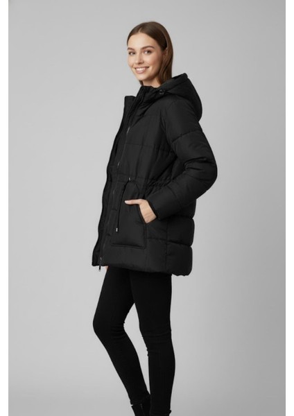 Kürk Kapüşonlu Uzun Şişme Mont M0160 Siyah modelleri