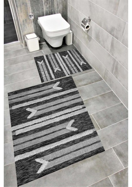 Kaymaz Tabanlı Suya Dayanıklı Dijital Baskılı Banyo Paspası Takımı | Bordo Halı 1582