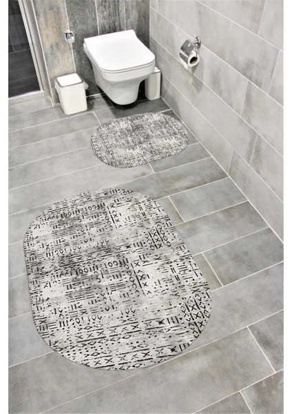 Su Emici Yumuşak Kaymaz Sünger Dolgulu Yıkanabilir Dekoratif Banyo Paspası Takımı 1111AÇIKGRİ Oval