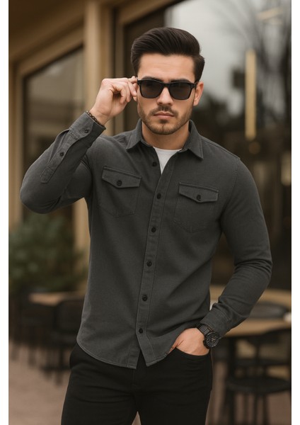 Gri Renk Çıt Çıt Düğmeli Çift Cep Kot Gömlek fırsatları
