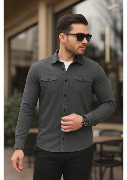 Gri Renk Çıt Çıt Düğmeli Çift Cep Kot Gömlek indirimleri