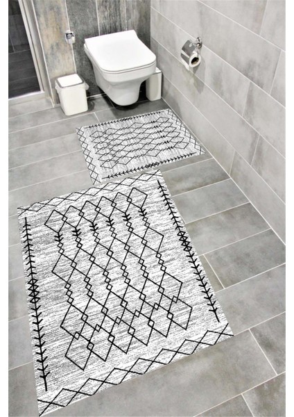 Kaymaz Tabanlı Suya Dayanıklı Dijital Baskılı Banyo Paspası Takımı | Bordo Halı 1659