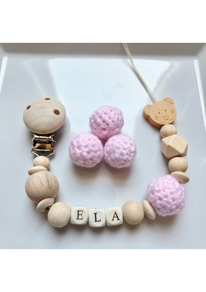 Ayıcıklı Pembe Isimli Bebek Emzik Zinciri Askısı