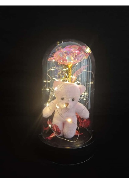 Işıklı Gül ve Ayıcık Fanus Romantik Cam Fanus Hediye Sevgililer Günü, Yıldönümü, Anneler Günü Için Özel Tasarım