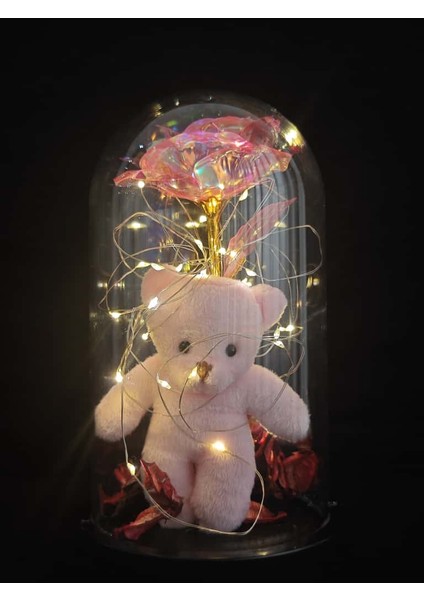 Işıklı Gül ve Ayıcık Fanus Romantik Cam Fanus Hediye Sevgililer Günü, Yıldönümü, Anneler Günü Için Özel Tasarım modelleri