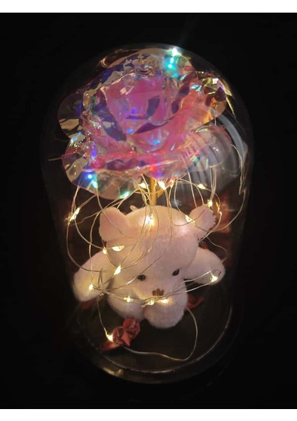 Işıklı Gül ve Ayıcık Fanus Romantik Cam Fanus Hediye Sevgililer Günü, Yıldönümü, Anneler Günü Için Özel Tasarım fırsatları