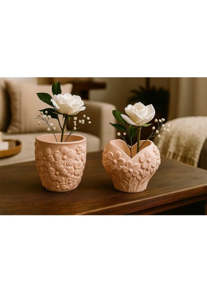 2'li El Yapımı Çiçek Tasarımlı Saksılık - Handmade Taş Tozu Sukulent Mumluk Dekoratif Biblo 8 cm