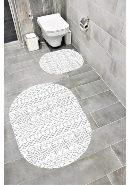 Su Emici Yumuşak Kaymaz Taban Sünger Dolgulu Yıkanabilir Dekoratif Banyo Paspası Takımı 1176GRİOVAL