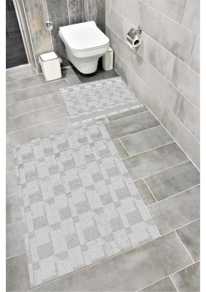 Su Emici Yumuşak Kaymaz Taban Sünger Dolgulu Yıkanabilir Dekoratif Banyo Paspası Takımı 1363GRİ