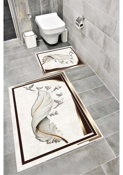 Su Emici Yumuşak Kaymaz Taban Sünger Dolgulu Yıkanabilir Dekoratif Banyo Paspası Takımı Neptün