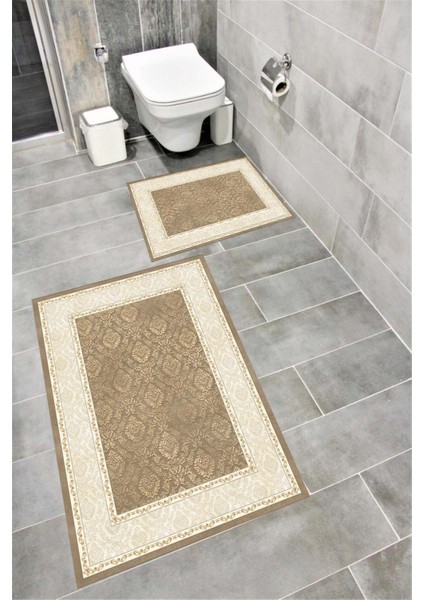 Su Emici Yumuşak Kaymaz Taban Sünger Dolgulu Yıkanabilir Dekoratif Banyo Paspası Takımı 1072