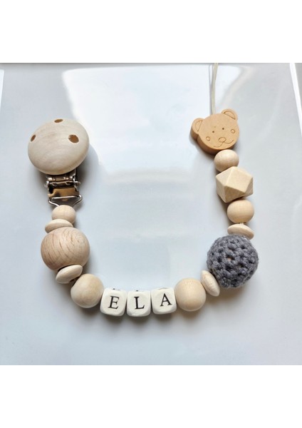 Ayıcıklı Gri Isimli Bebek Emzik Zinciri Askısı