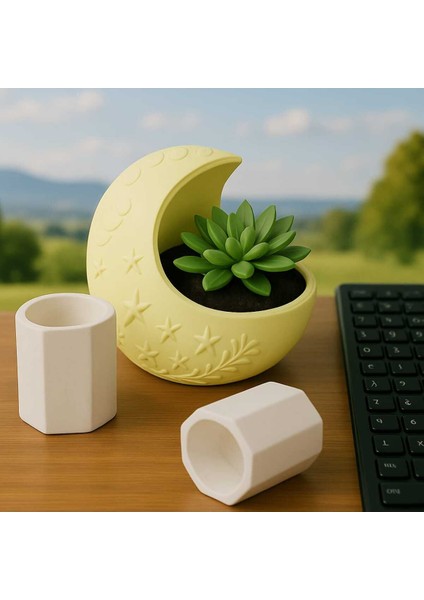 3'lü El Yapımı Saksı - Handmade Taş Tozu Dolunay Takı Standı Sukulent Mumluk Dekoratif Biblo 8 cm