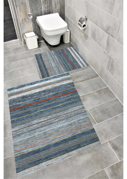 Kaymaz Tabanlı Suya Dayanıklı Dijital Baskılı Banyo Paspası Takımı | Bordo Halı 1570