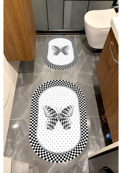 Su Emici Yumuşak Kaymaz Sünger Dolgulu Yıkanabilir Dekoratif Banyo Paspası Takımı 1204KELEBEKOVAL