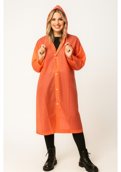 Unisex Su Geçirmez Kapüşonlu Turuncu Yağmurluk | Boy 120 cm – En 70 cm