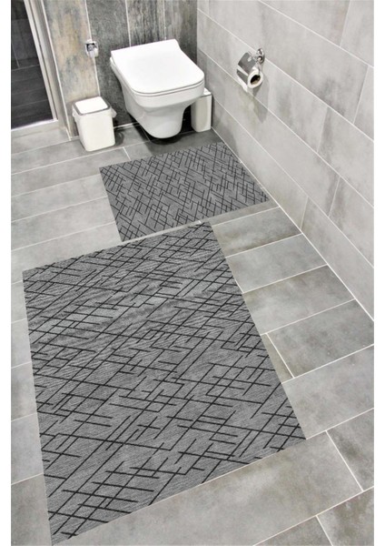 Kaymaz Tabanlı Suya Dayanıklı Dijital Baskılı Banyo Paspası Takımı | Bordo Halı 1594