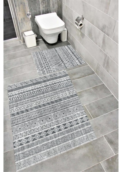 Kaymaz Tabanlı Suya Dayanıklı Dijital Baskılı Banyo Paspası Takımı | Bordo Halı 1630