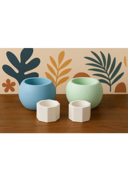 4'lü El Yapımı Renkli Dekoratif Saksı - Handmade Taş Tozu Mumluk Kalemlik Sukulent Seti Mini Vazo