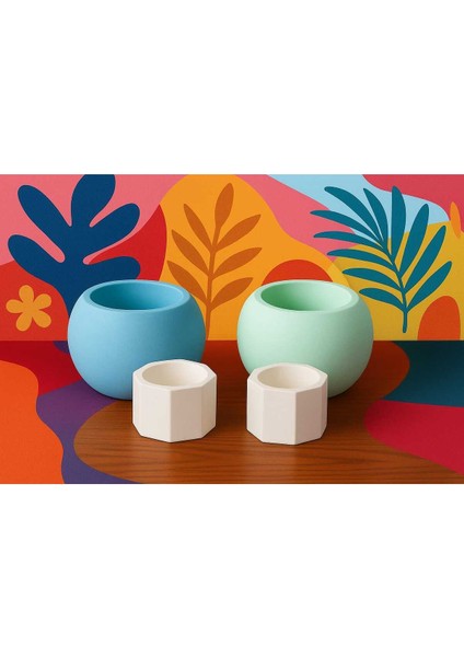 4'lü El Yapımı Renkli Dekoratif Saksı - Handmade Taş Tozu Mumluk Kalemlik Sukulent Seti Mini Vazo fiyatları