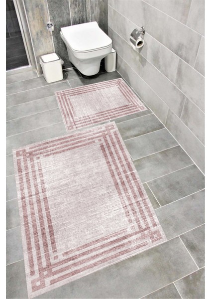 Kaymaz Tabanlı Suya Dayanıklı Dijital Baskılı Banyo Paspası Takımı | Bordo Halı 1633