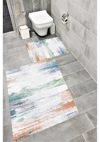 Kaymaz Tabanlı Suya Dayanıklı Dijital Baskılı Banyo Paspası Takımı | Bordo Halı 1612