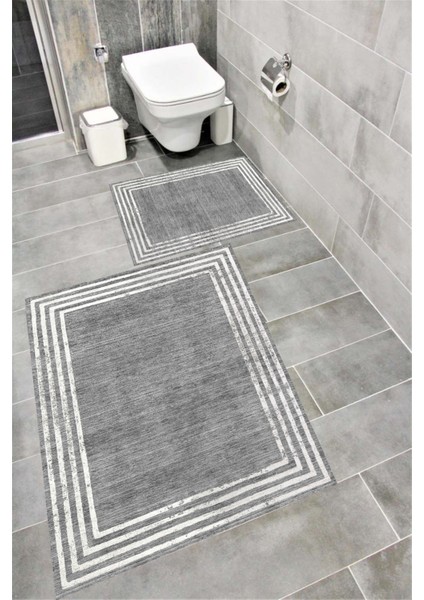 Kaymaz Tabanlı Suya Dayanıklı Dijital Baskılı Banyo Paspası Takımı | Bordo Halı 1591