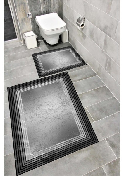 Kaymaz Tabanlı Suya Dayanıklı Dijital Baskılı Banyo Paspası Takımı | Bordo Halı 1654