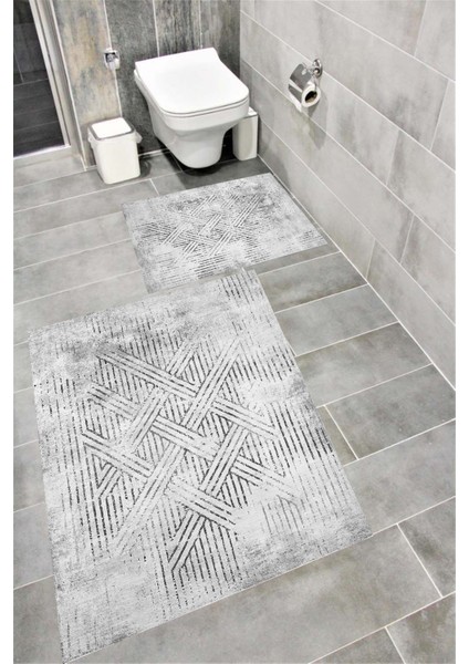 Kaymaz Tabanlı Suya Dayanıklı Dijital Baskılı Banyo Paspası Takımı | Bordo Halı 1619