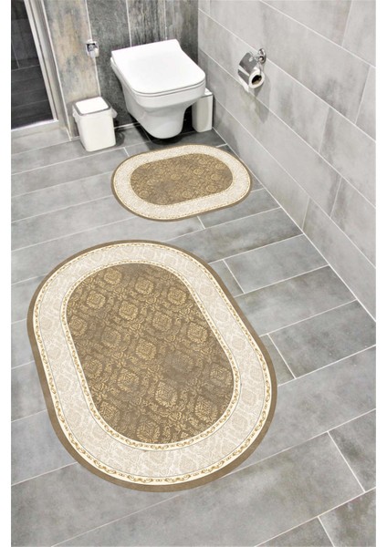 Su Emici Yumuşak Kaymaz Taban Sünger Dolgulu Yıkanabilir Dekoratif Banyo Paspası Takımı 1072 Oval