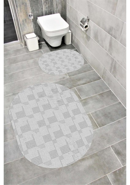 Su Emici Yumuşak Kaymaz Taban Sünger Dolgulu Yıkanabilir Dekoratif Banyo Paspası Takımı 1363GRİOVAL