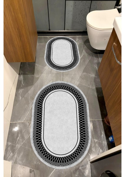 Su Emici Yumuşak Kaymaz Taban Sünger Dolgulu Yıkanabilir Dekoratif Banyo Paspası Takımı 1169GRİOVAL