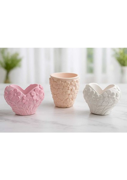 3'lü El Yapımı Kalp Tasarım Sukulent Saksı Seti - Handmade Taş Tozu Obje Mumluk Dekoratif Biblo 8cm modelleri