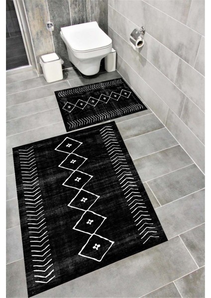 Kaymaz Tabanlı Suya Dayanıklı Dijital Baskılı Banyo Paspası Takımı | Bordo Halı 1649