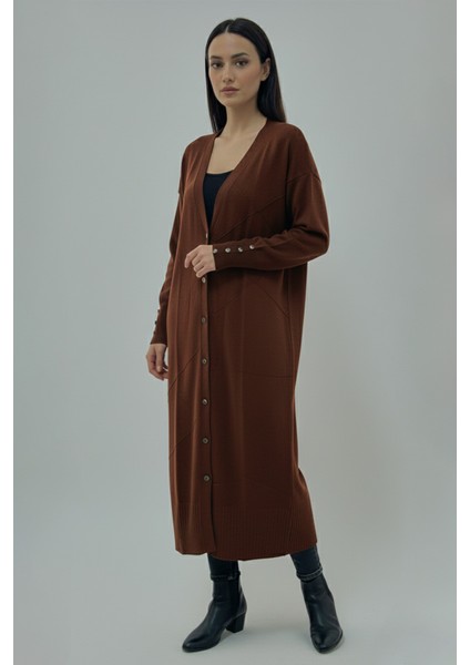 Düğme Detaylı Uzun Merserize Triko Hırka