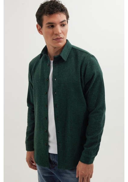 Erkek Slim Fit Dar Kesim Uzun Kollu Düz Kışlık Oduncu yeşil Gömlek indirimleri