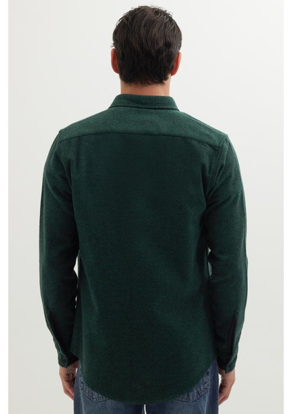Erkek Slim Fit Dar Kesim Uzun Kollu Düz Kışlık Oduncu yeşil Gömlek