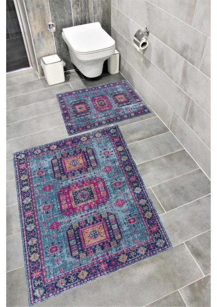 Kaymaz Tabanlı Suya Dayanıklı Dijital Baskılı Banyo Paspası Takımı | Bordo Halı 1640